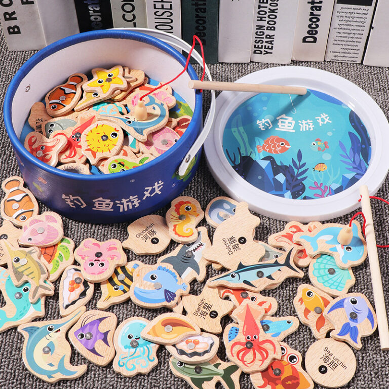 Wooden bucket fishing toy set with magnetic ocean animals for kids' early education