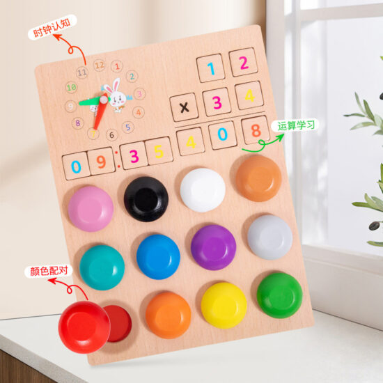 Toddler playing with a wooden Montessori toy for color, math, and time learning