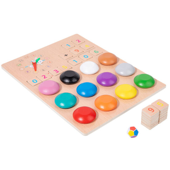 Toddler playing with a wooden Montessori toy for color, math, and time learning