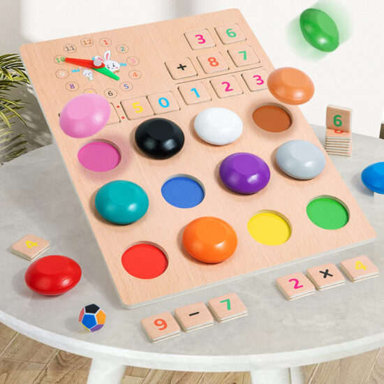Toddler playing with a wooden Montessori toy for color, math, and time learning