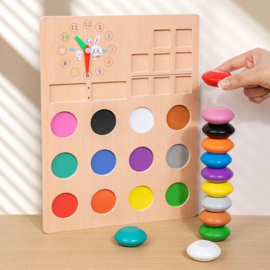 Toddler playing with a wooden Montessori toy for color, math, and time learning