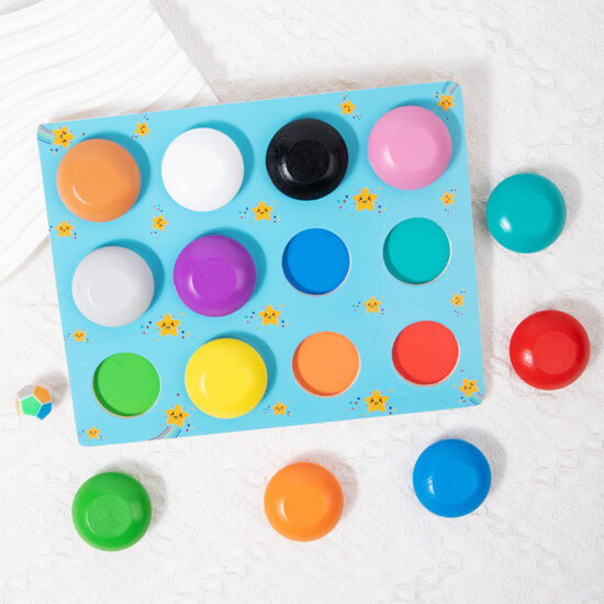 Toddler playing with a wooden Montessori toy for color, math, and time learning