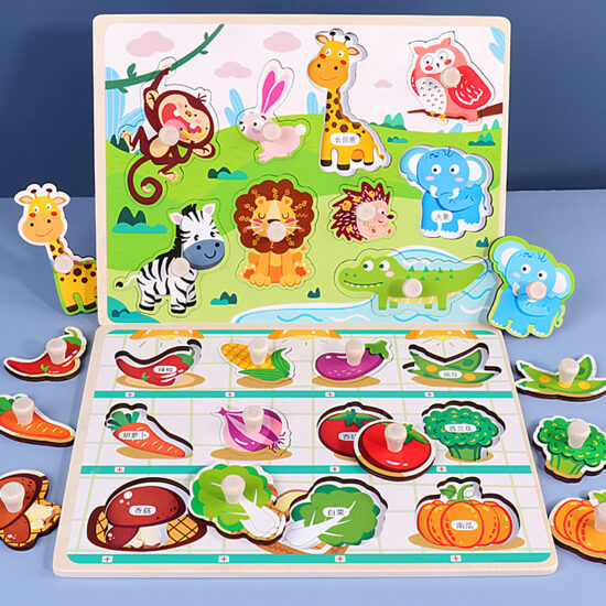 Toddler hand-grip puzzle toy with wooden pieces