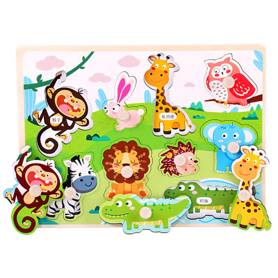 Toddler hand-grip puzzle toy with wooden pieces