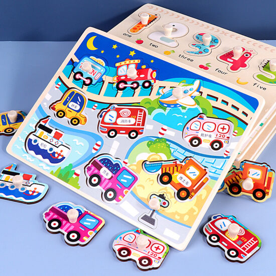 Toddler hand-grip puzzle toy with wooden pieces