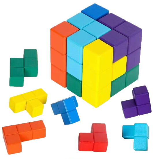 Wooden Tetris puzzle toy with colorful blocks