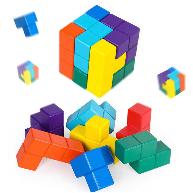 Wooden Tetris puzzle toy with colorful blocks