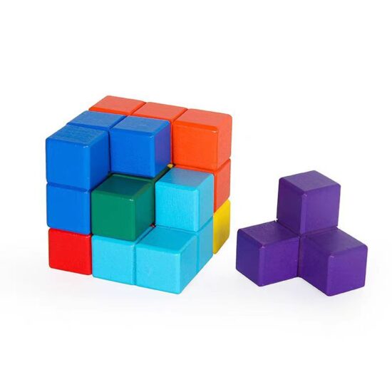 Wooden Tetris puzzle toy with colorful blocks