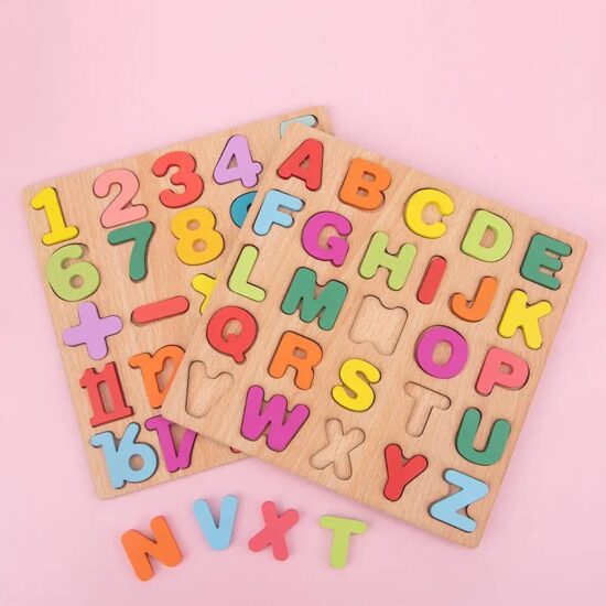 Wooden matching board toy with letters and numbers
