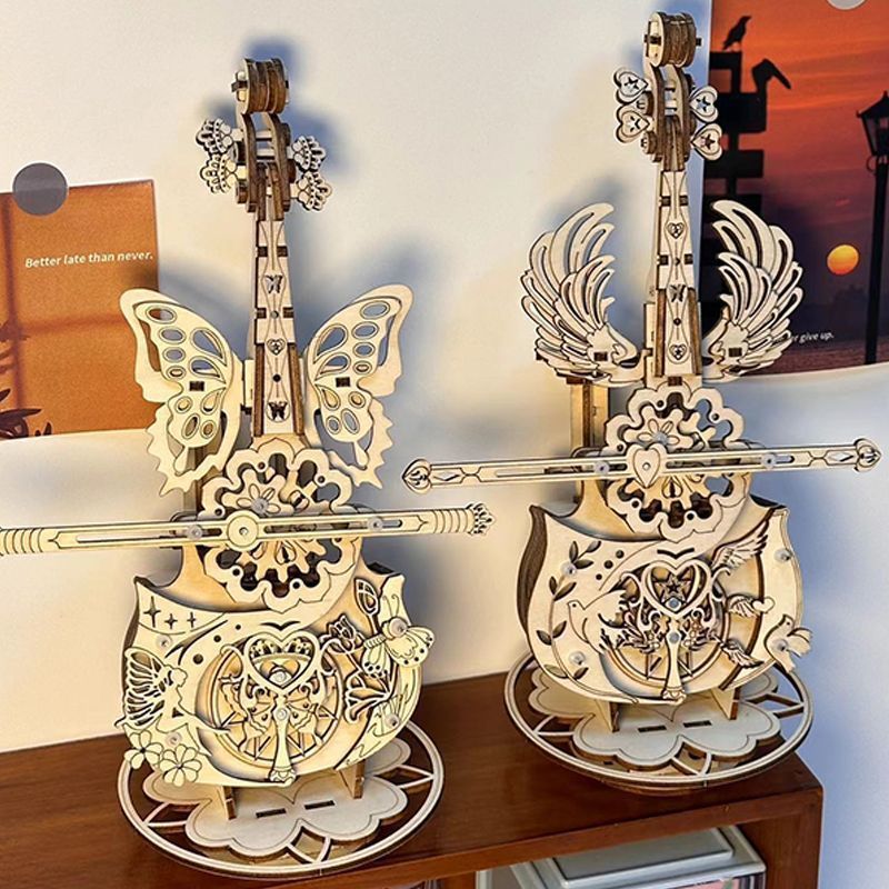 DIY wooden cello music box puzzle model for adults