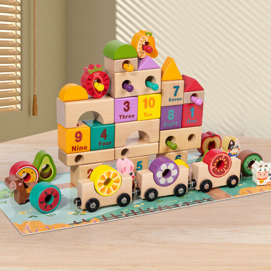 Multifunctional wooden train toy with cartoon animal and fruit blocks