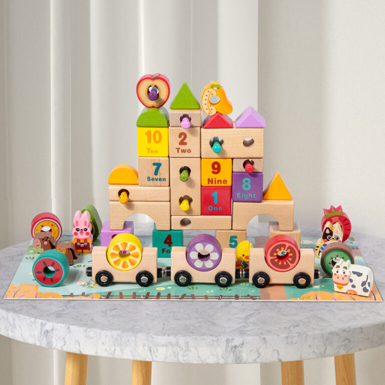 Multifunctional wooden train toy with cartoon animal and fruit blocks