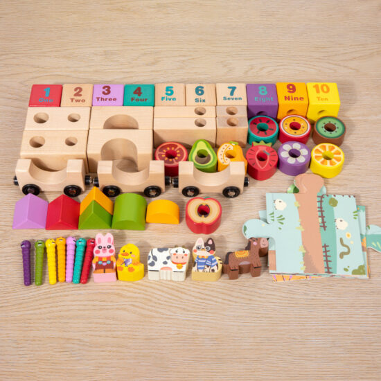 Multifunctional wooden train toy with cartoon animal and fruit blocks