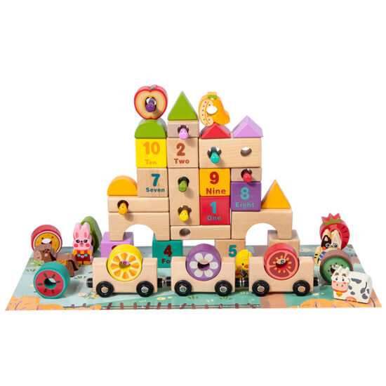 Multifunctional wooden train toy with cartoon animal and fruit blocks
