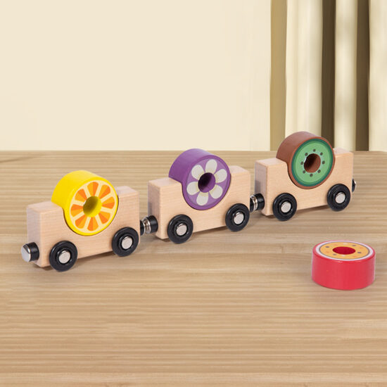 Multifunctional wooden train toy with cartoon animal and fruit blocks