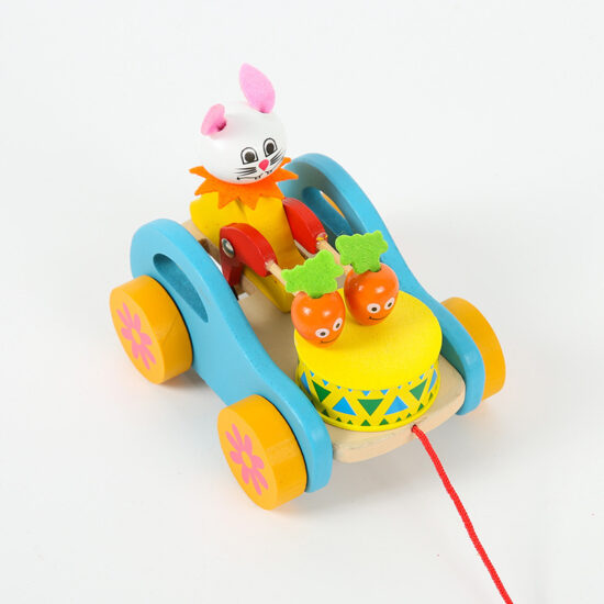 Cartoon wooden pull toy with wheels featuring animal shapes