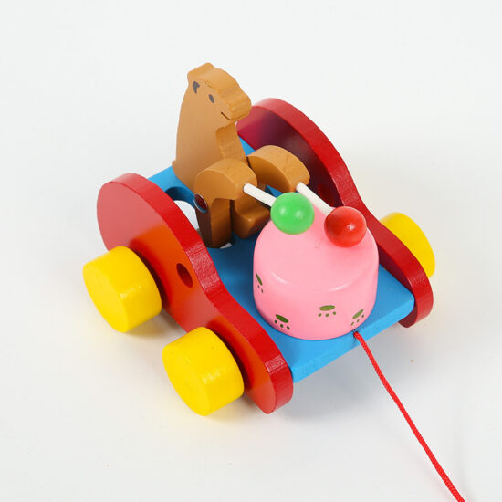 Cartoon wooden pull toy with wheels featuring animal shapes