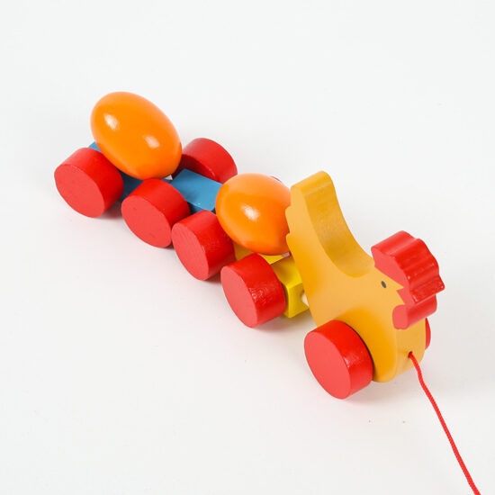 Cartoon wooden pull toy with wheels featuring animal shapes