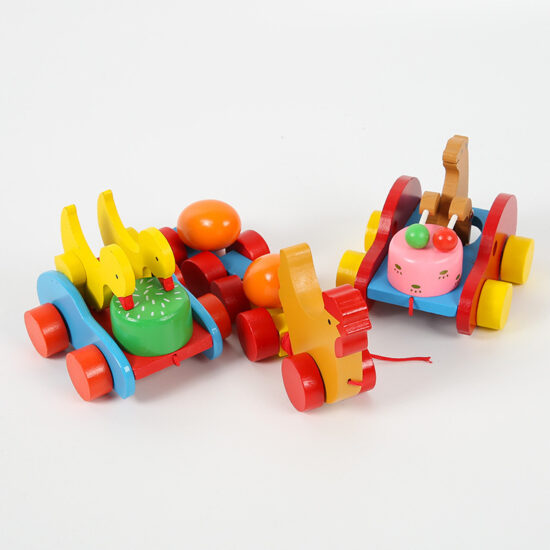 Cartoon wooden pull toy with wheels featuring animal shapes