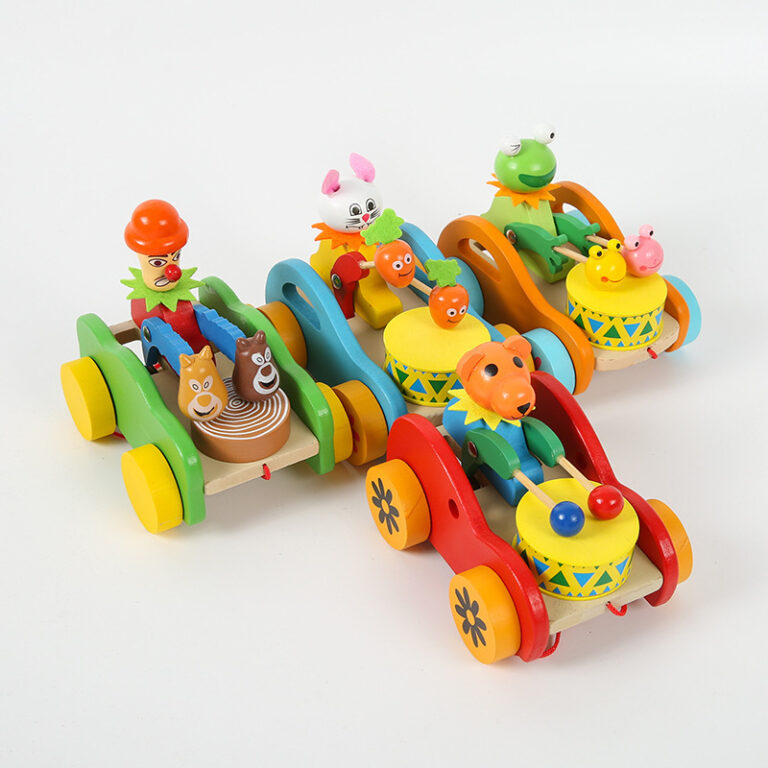 Cartoon wooden pull toy with wheels featuring animal shapes