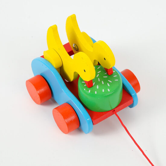 Cartoon wooden pull toy with wheels featuring animal shapes