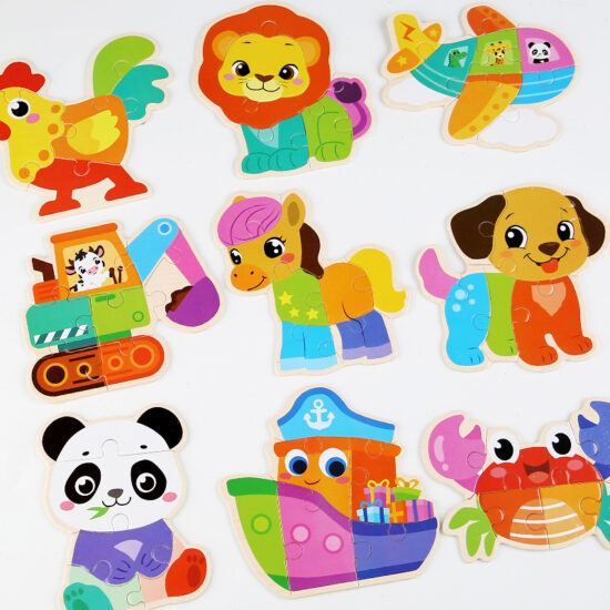 Toddler playing with a wooden animal puzzle for early learning