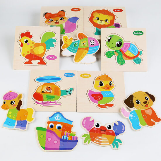 Toddler playing with a wooden animal puzzle for early learning