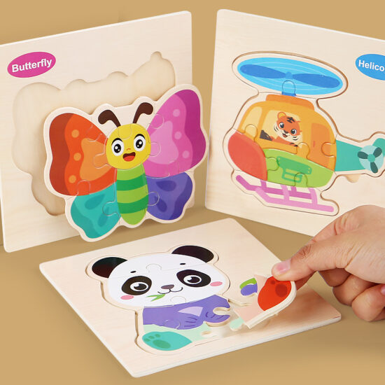 Toddler playing with a wooden animal puzzle for early learning