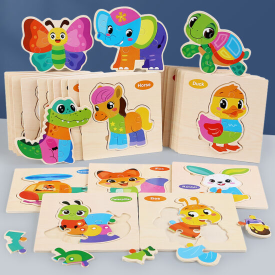Toddler playing with a wooden animal puzzle for early learning