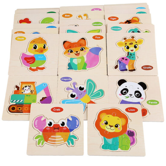 Toddler playing with a wooden animal puzzle for early learning