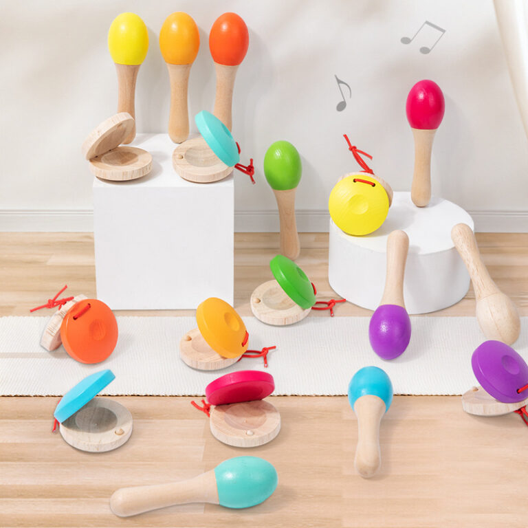Baby maracas rattle with wooden handle for early education