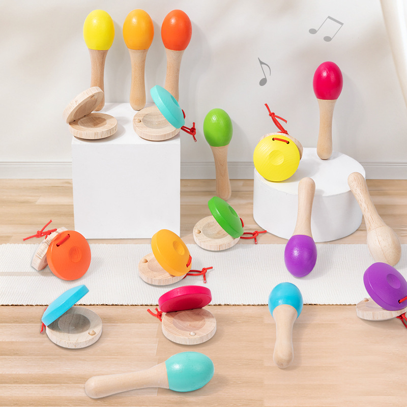 Baby maracas rattle with wooden handle for early education