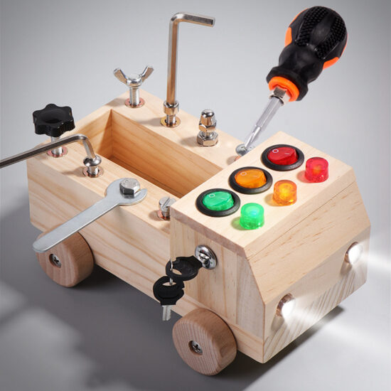 LED switch busy board wooden truck with bolts and screwdriver for kids