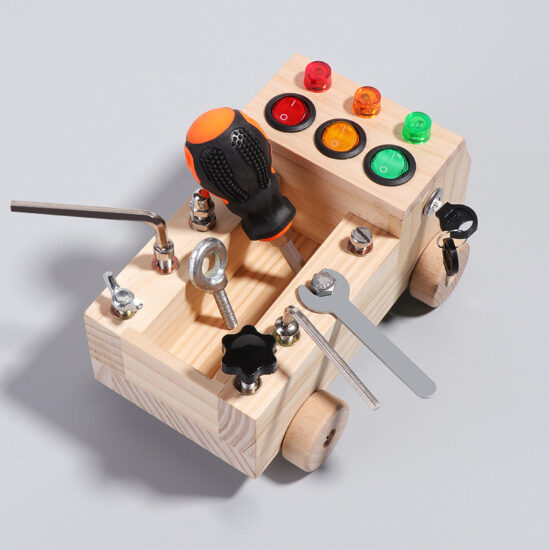 LED switch busy board wooden truck with bolts and screwdriver for kids