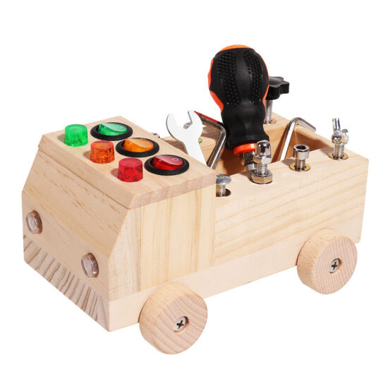 LED switch busy board wooden truck with bolts and screwdriver for kids