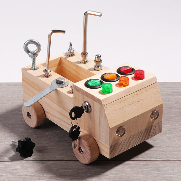 LED switch busy board wooden truck with bolts and screwdriver for kids