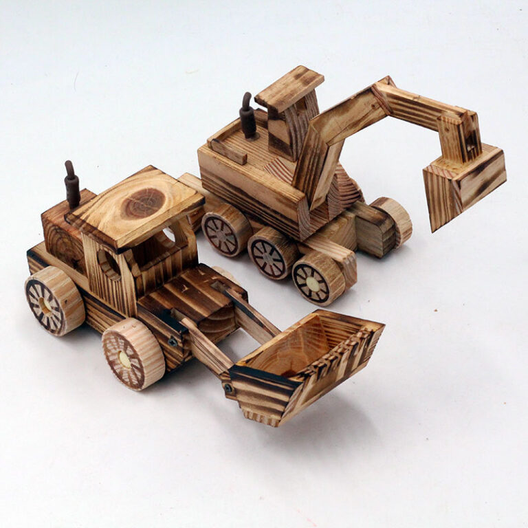 Children’s wooden fire truck, bulldozer, and excavator toy set