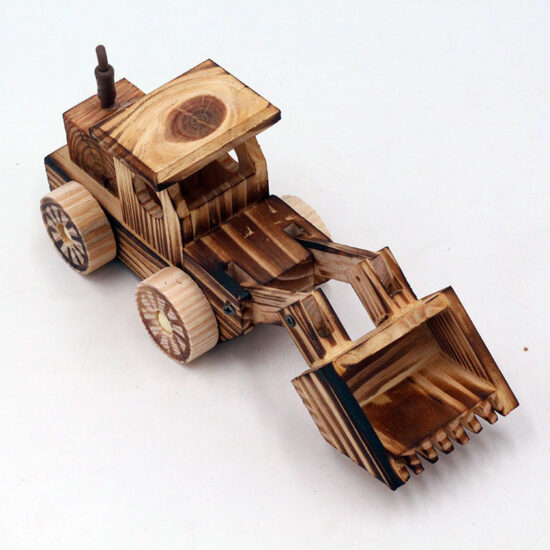 Children’s wooden fire truck, bulldozer, and excavator toy set