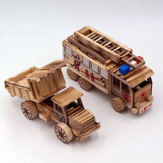 Children’s wooden fire truck, bulldozer, and excavator toy set