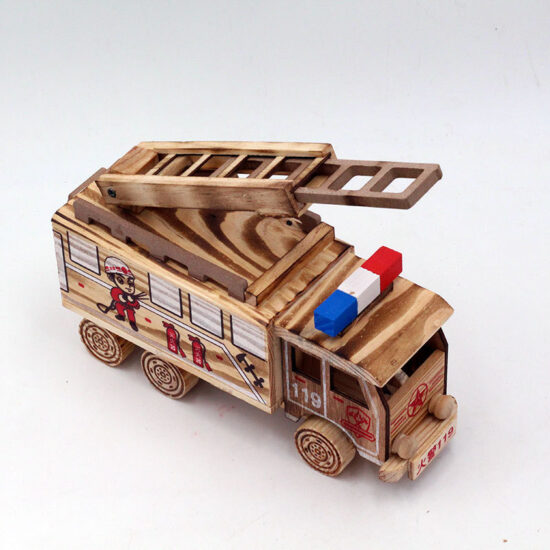 Children’s wooden fire truck, bulldozer, and excavator toy set