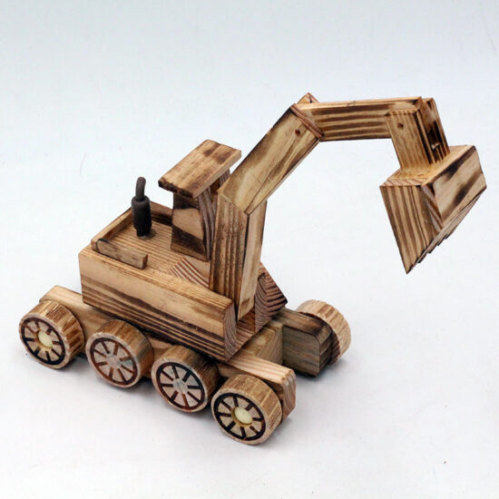Children’s wooden fire truck, bulldozer, and excavator toy set