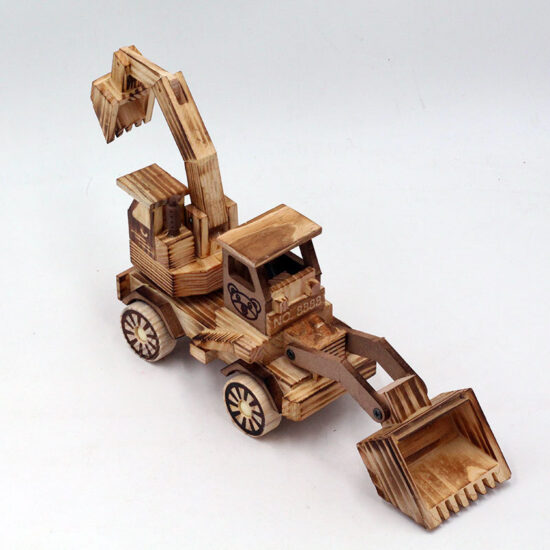 Children’s wooden fire truck, bulldozer, and excavator toy set