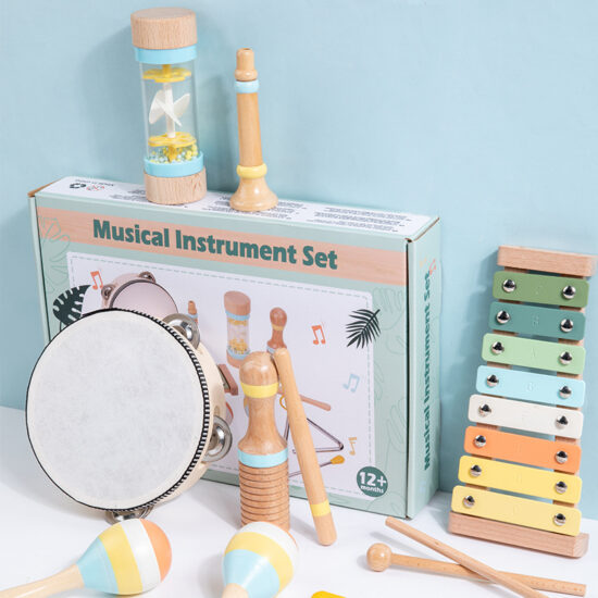 9-piece wooden musical toy set for children with percussion instruments
