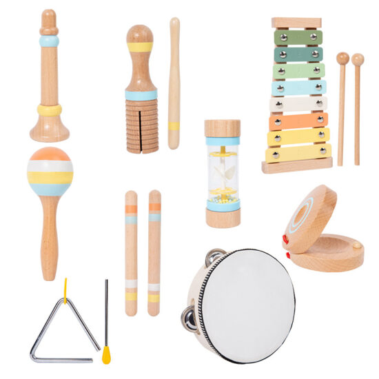 9-piece wooden musical toy set for children with percussion instruments