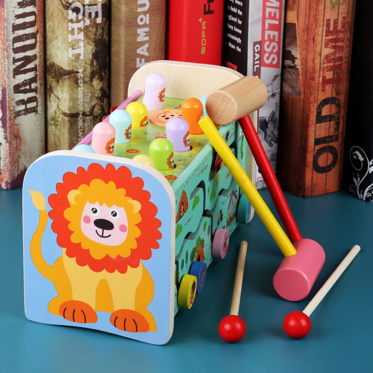 Toddler wooden pull-along toy with hammer and music function