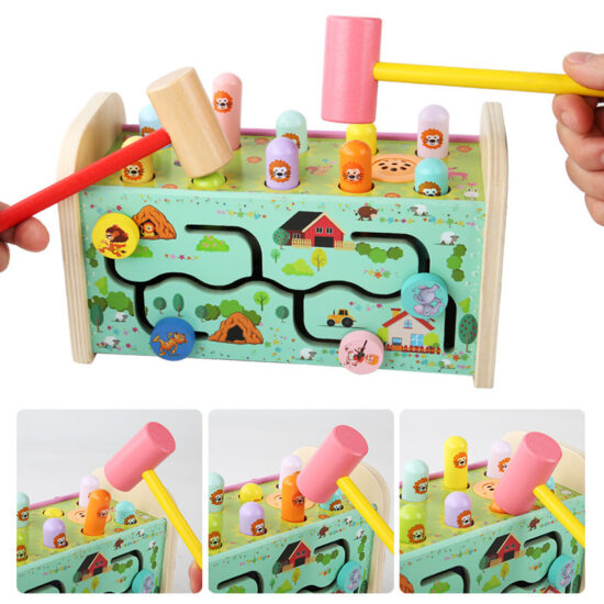 Toddler wooden pull-along toy with hammer and music function