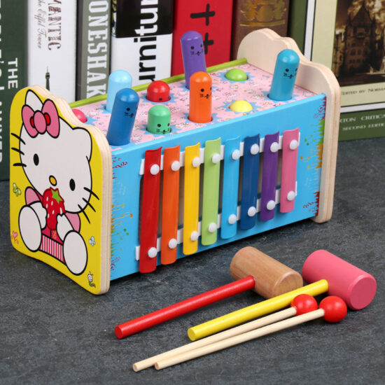 Toddler wooden pull-along toy with hammer and music function