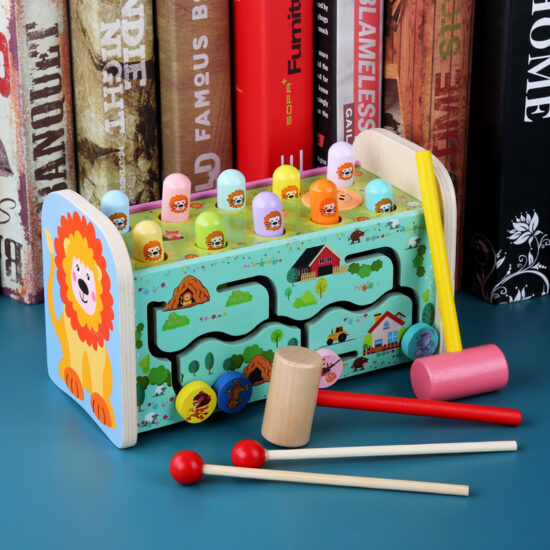 Toddler wooden pull-along toy with hammer and music function