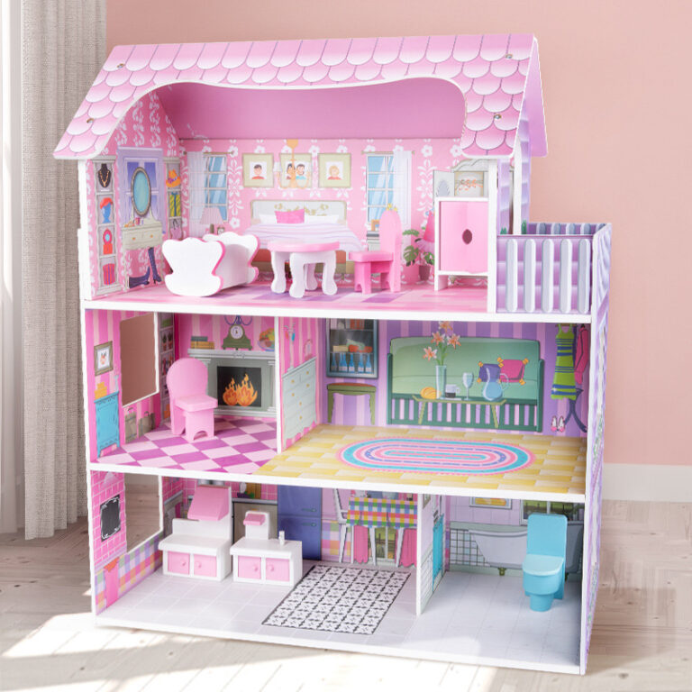 Wooden dollhouse in pink princess villa style