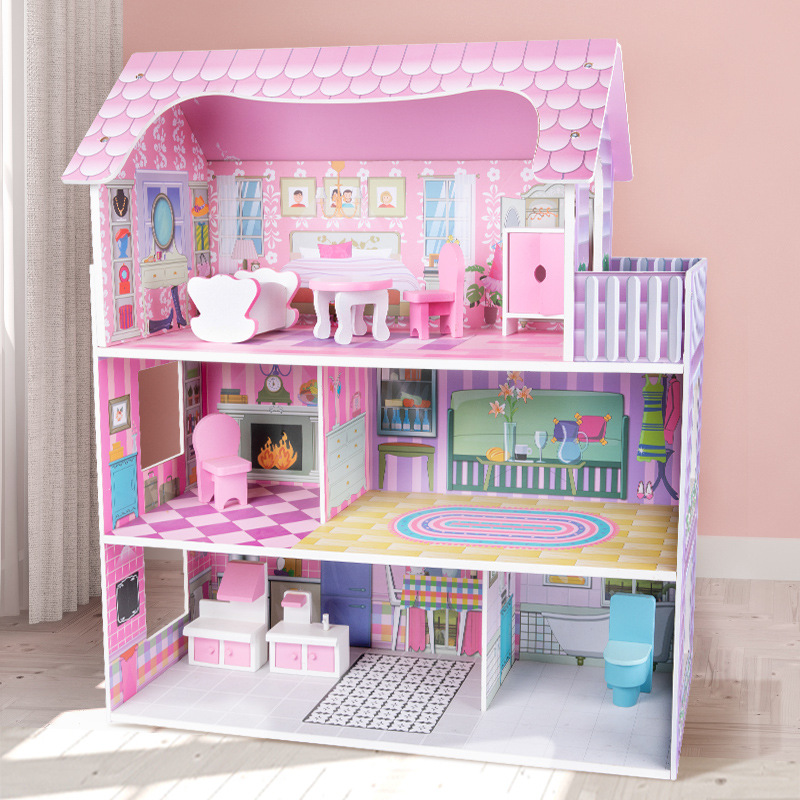 Wooden dollhouse in pink princess villa style